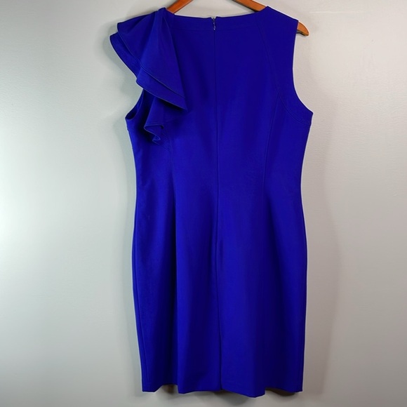 Calvin Klein Shoulder Ruffle Dress Royal Blue Form Fitting Knee Length Midi 12 - Picture 7 of 11